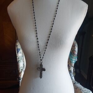 Elegant Black Beaded Cross Necklace